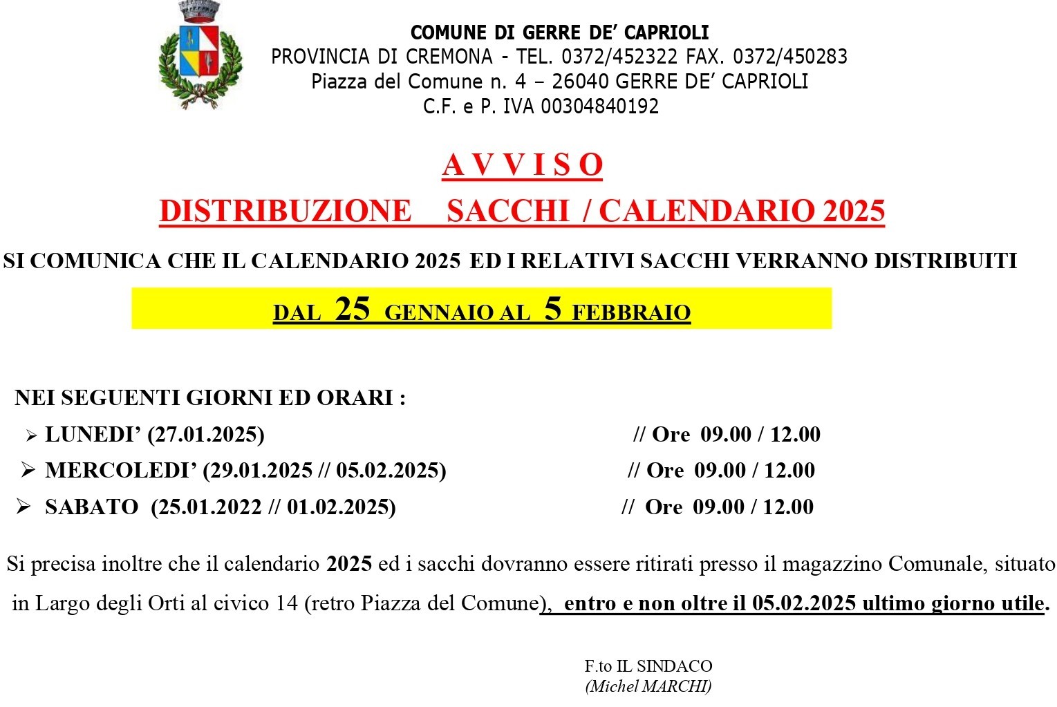 Distribuzione sacchi e calendario raccolta differenziata anno 2025